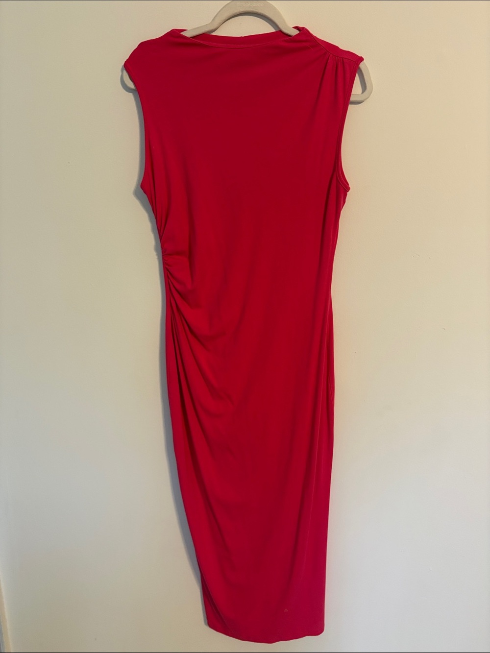 Sleeveless Red Ruched Midi Dress — Classic Draped Silhouette